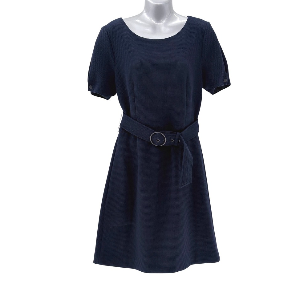 Club Monaco Mini Dress Textured Knit Navy Blue Belted Women Size 8 Shirt Sleeve